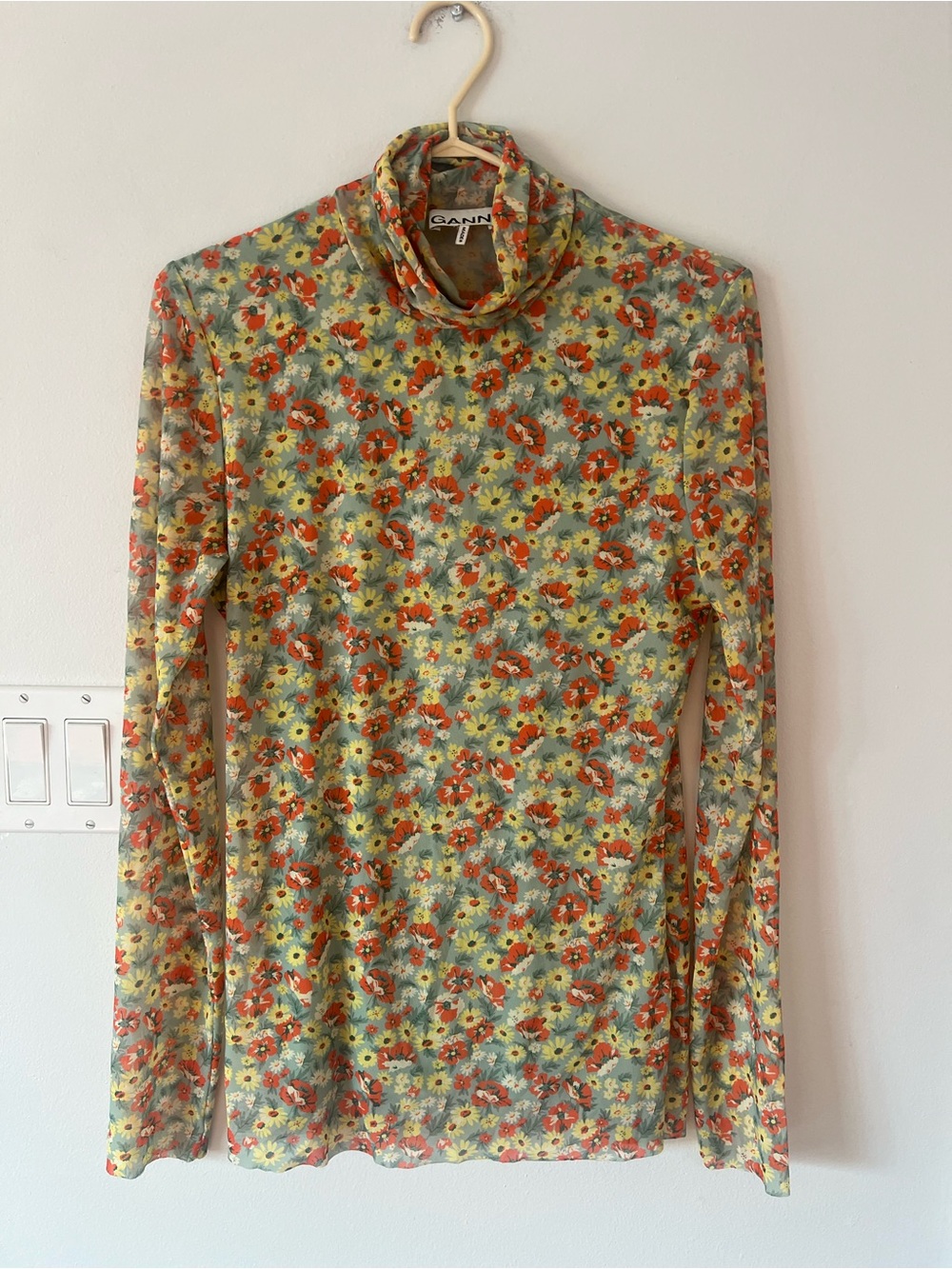 Ganni Floral Mesh Turtleneck in Sage, Orange & Yellow